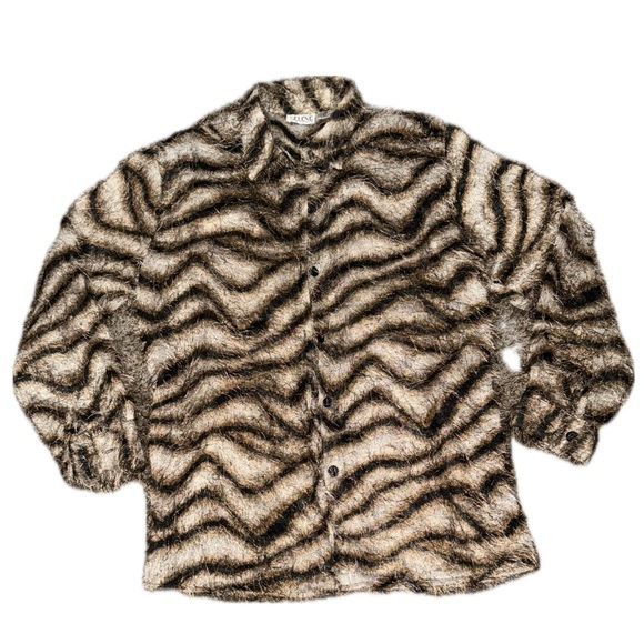 🧥💄 SELENE SPORT Vintage Y2K Eyelash Animal Print Fuzzy Shacket | Brown Black M - Picture 5 of 10